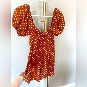 Brown and white polka dot puff sleeve mini dress, size small